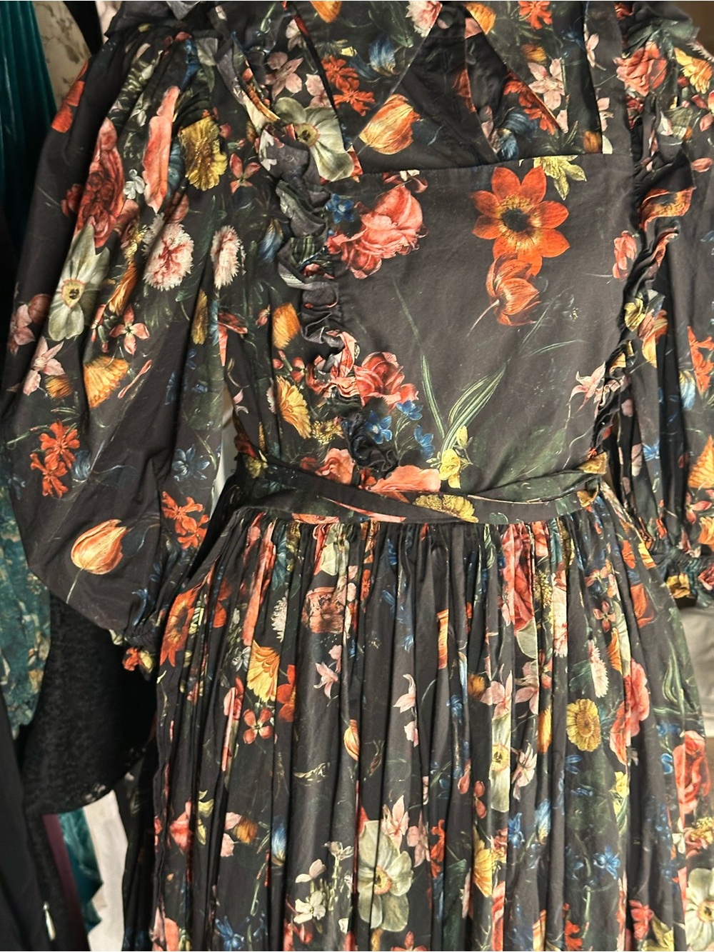 Selkie Black Floral Ruffle Long-Sleeve Maxi Dress size M - Picture 4 of 7